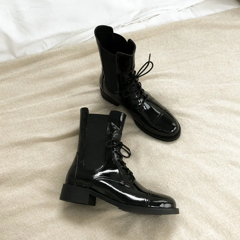 

New Women Ankle Boots Autumn Winter Warm Genuine Leather High Heels Shoes Woman Round Toe Cross-tied Motocycle Boots