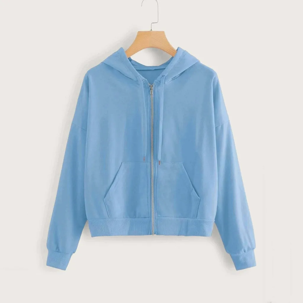 Fashion Women Casual Solid Blouse Long Sleeves Zip Up Pocket Shirt V-neck Hooded Sweatshirt Tops