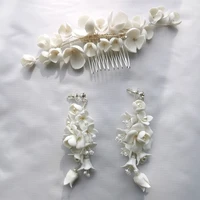 white porcelain flower bridal hair comb with earrings pearls wedding jewerly handmade women headpiece hair piece