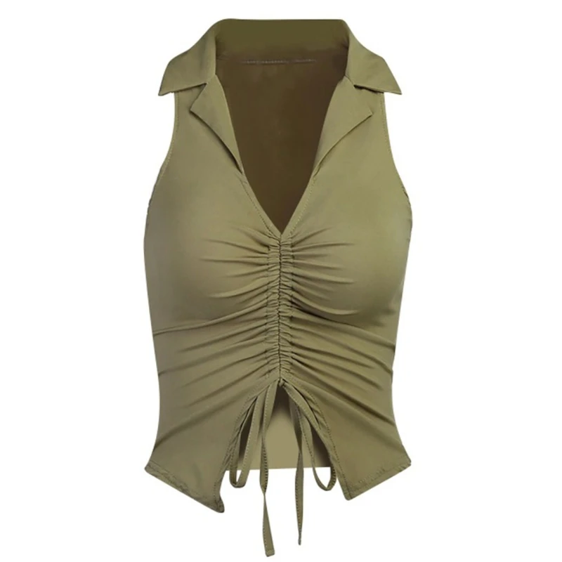 

Sexy V Neck Drawstring Lace-up Vest Shirt 2021 Summer Female Casual Short Sleeveless Tank Tops Lapel Collar Solid Color Vest
