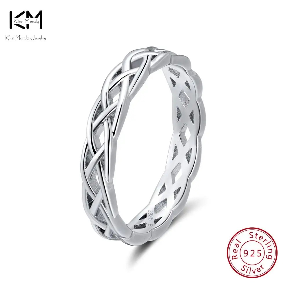 

KISS MANDY 925 Sterling Silver Rings Women Unique Twisted Shape Round Ring Wedding Band Fashion Jewelry Anniversary Gift SR62