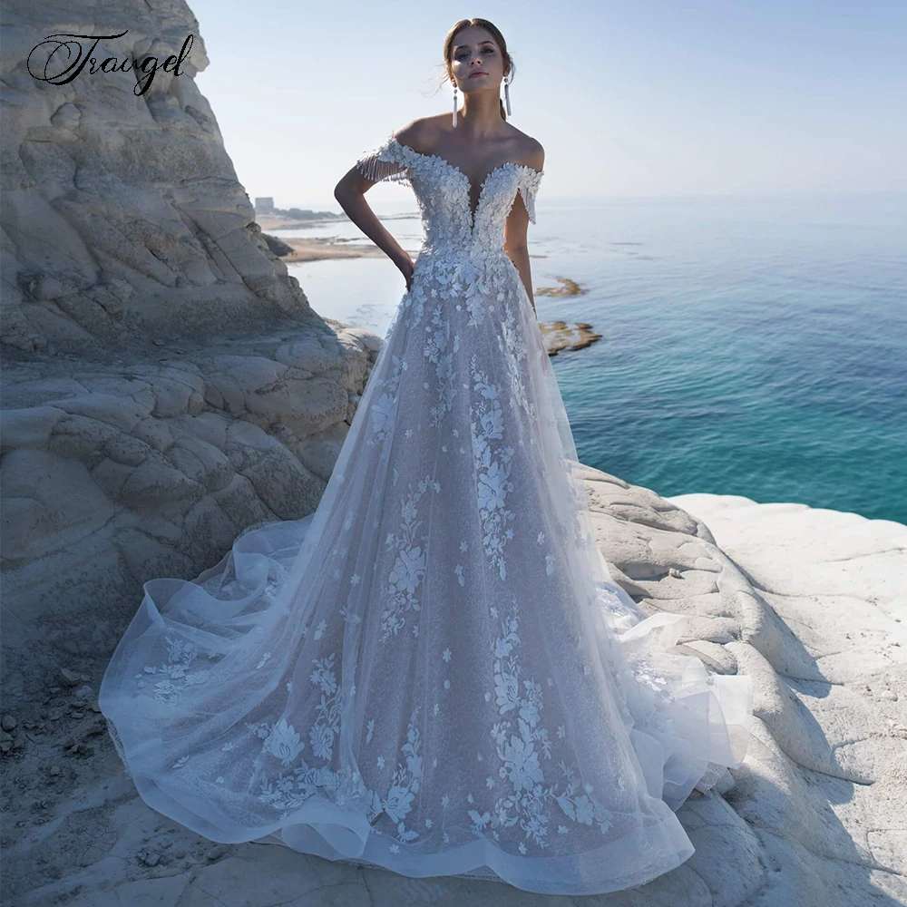 

Traugel Sweetheart A Line Lace Wedding Dress Elegant Applique Off Shoulder Tassel Bride Dress Court Train Wedding Gown Plus Size