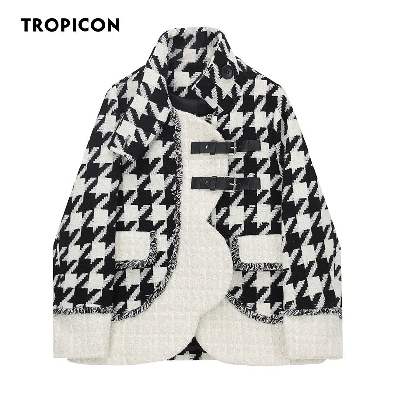 

TROPICON Houndstooth Wool Blends Tweed Jacket Fringe Winter Fashion Ladies Coats And Jackets Women Luxury Designer Clothing