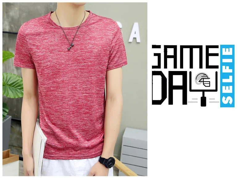 

7041-Summer men's round neck T-shirt solid color loose clothes five points men's clothing