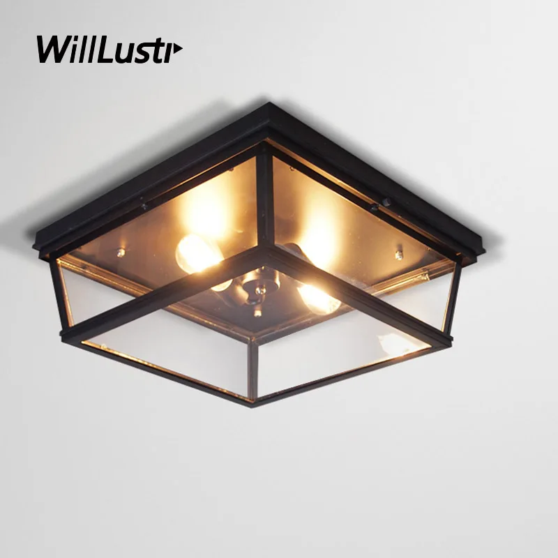 

Retro Square Iron Ceiling Light Glass Box Lamp Hotel Bar Aisle Porch Kitchen Balcony Study Cloakroom American Country Lighting