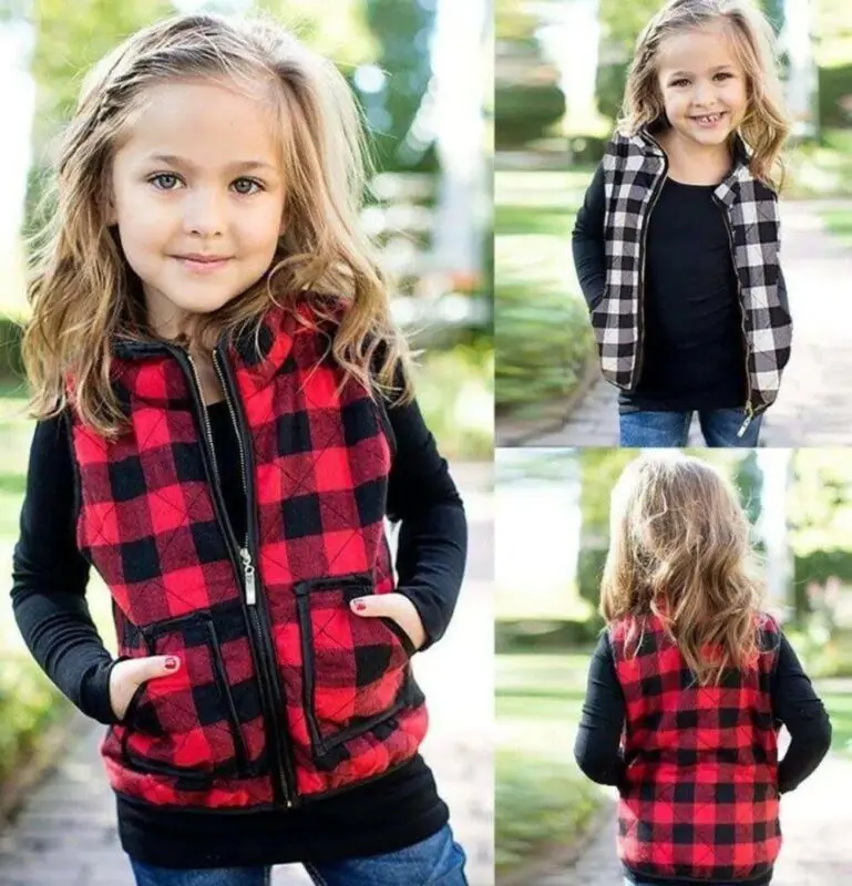 

Emmababy Girls Kids Autumn Winter Fall Sweatshirt Outfits Zipper Plaid Jacket Waistcoat Coat Casual Packet Outwear