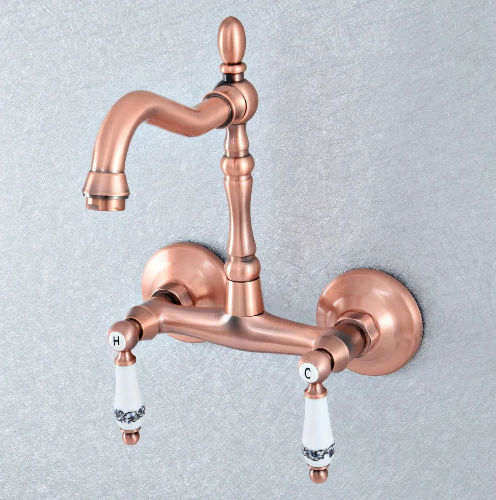 

Antique Red Copper Brass Wall Mounted Kitchen Wet Bar Bathroom Sink Faucet Swivel Spout Mixer Tap Dual Ceramic Handles asf894
