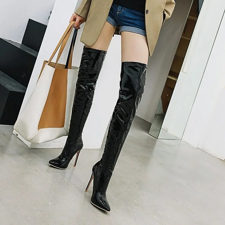 Women Pole Dance Shoes Woman Dancing Boots 2019 New Slim High Heels Sexy Knee Length Super Boots Patent Leather Pole Dance Large sexy 18 centimeter square over the knee boots stage walking shoes nightclub pole dancing dance shoes