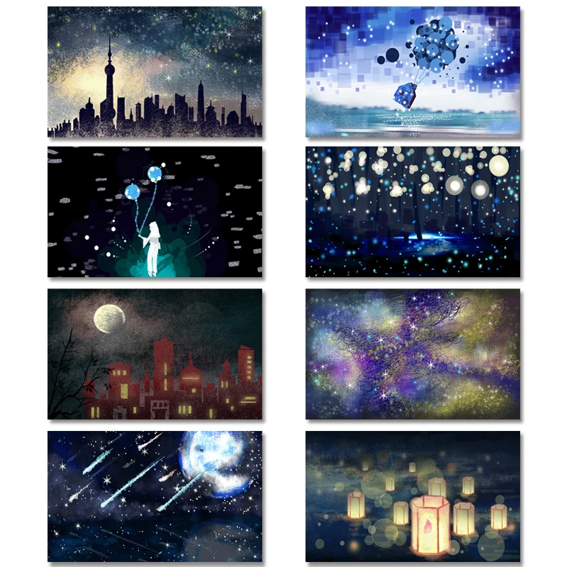 

Star Sky Moon Abstract Architecture Night View Living Room Decoration Painting Meteor Kongming Lamp Art Painting Balloon Girl