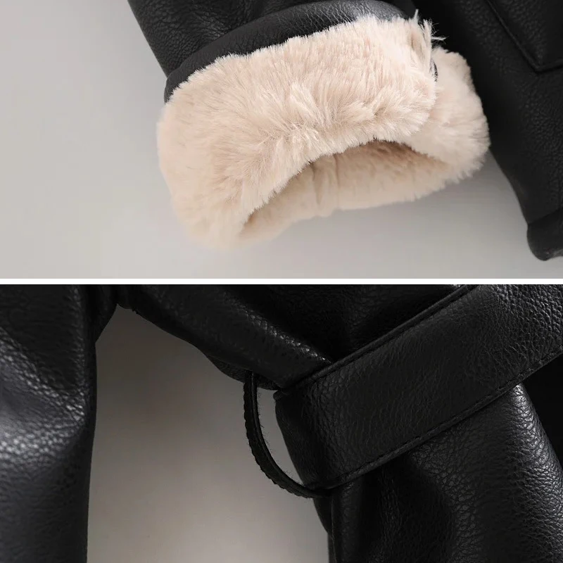 

Women Jacket PU Leather Faux Fur Collar Sashes Pocket Casual Oversize 2020 Winter Warm Fashion Office Lady Outerwear Female Coat