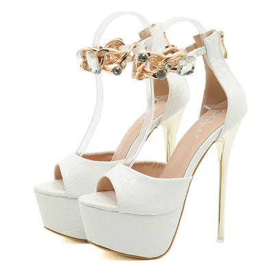 

New Fish Mouth Open Toe PU Leather Metal Chain Diamond Waterproof Platform 16CM Stiletto High Heel Roman Women's Sandals