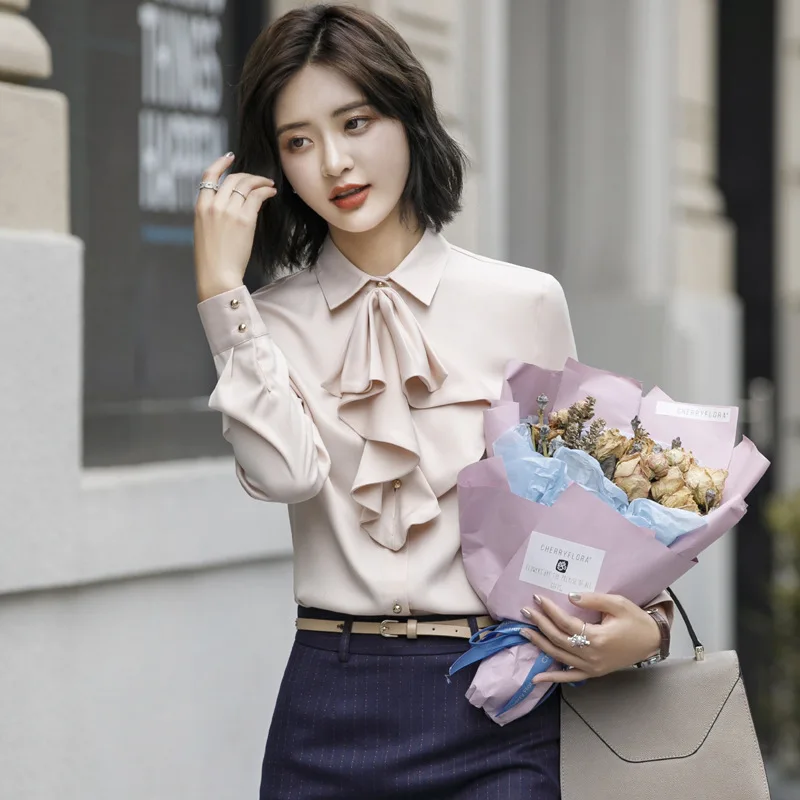 Корейская блузка с бантом в виде листьев лотоса, деловая однобортная рубашка с защитой от загрязнений, женская одежда, распродажа от AliExpress RU&CIS NEW