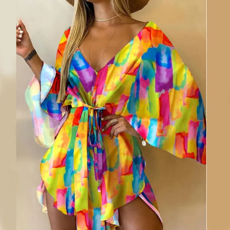 

Lady Sexy V-Neck Mini Dress 2021 Autumn Fashion Irregular Batwing Sleeve Belt Vestidos Summer Women Casual Print Beachwear Dress