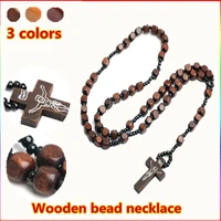 hand made 3 colors 45cm catholic religious jewelry christian wooden rosary necklace square bead cross pendant necklaces