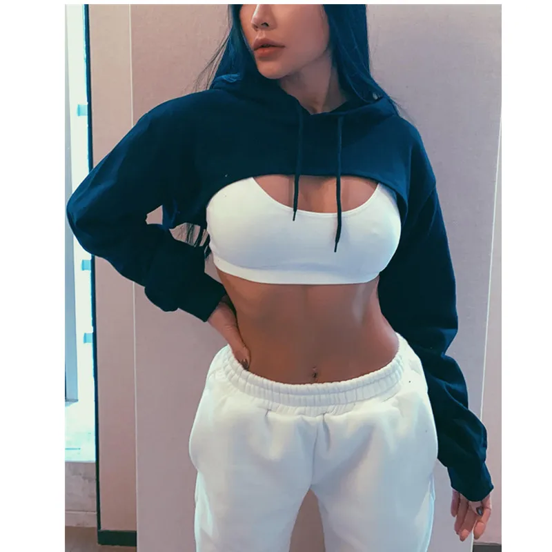 

Короткий свободный свитер с капюшоном в европейском и американском стиле, женский спортивный укороченный топ в стиле хип-хоп для фитнеса и ...