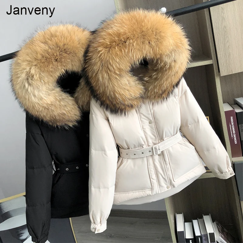 

Janveny 90% White Duck Down Coat Winter Women 2021 New Hooded Huge Raccoon Fur Thicken Female Feather Puffer Clothing Parkas