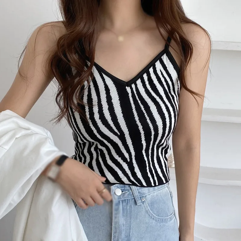 

Women Zebra Pattern Knitted Cami Top Summer Ladies Sleeveless Backless Casual Short Top