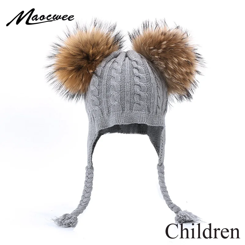 

Children Winter Double Real Fur Pom Pom Hat For Girls Boys Earflap Knitted Braid Beanies Caps Baby Outdoor Thick Warm Bonnet Cap