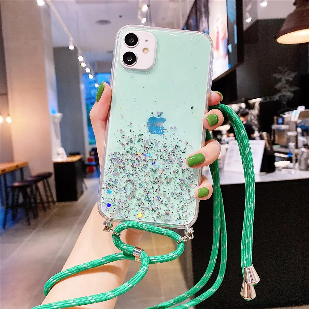 С сияющими блестками на шнур цепи ожерелье Чехол для мобильного телефона iPhone 12 11