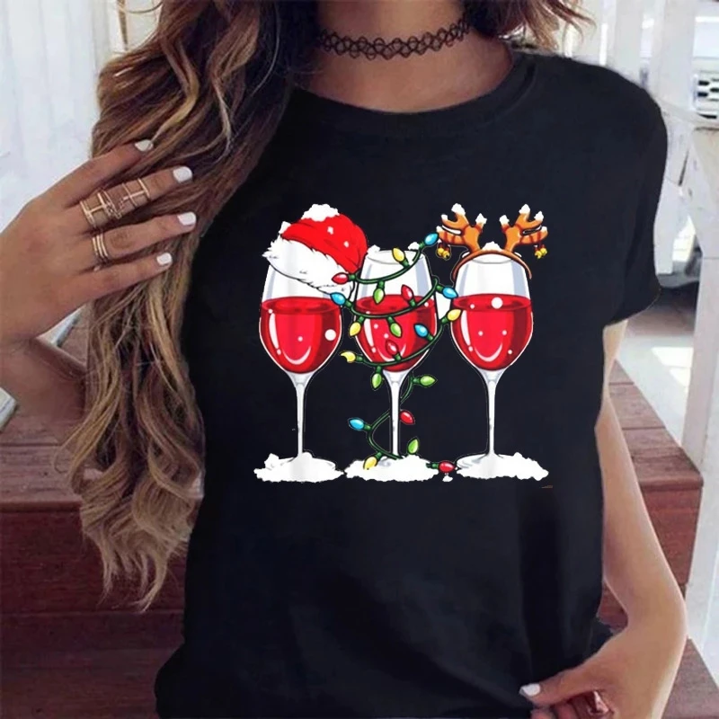 

Модная женская футболка WVIOCE с принтом Винных Бокалов, Свободный Топ с круглым вырезом, уличная одежда, Женская рождественская одежда с коротким рукавом, 33269
