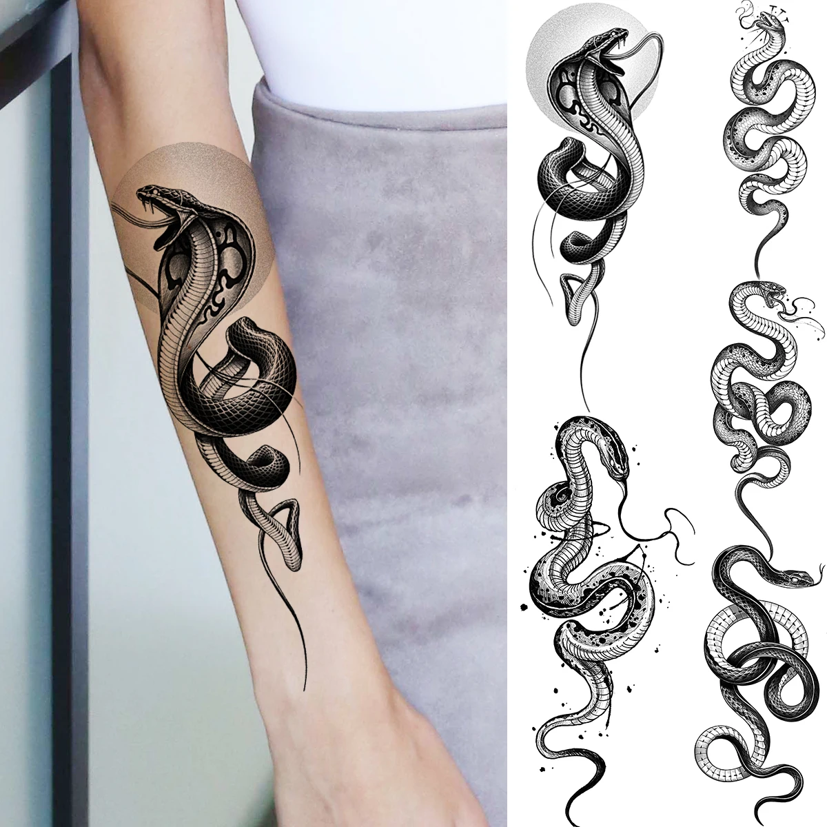 

Черная змея, круглая татуировка на предплечье, временные татуировки для женщин и мужчин, Реалистичная имитация змеи, водостойкая татуировк...