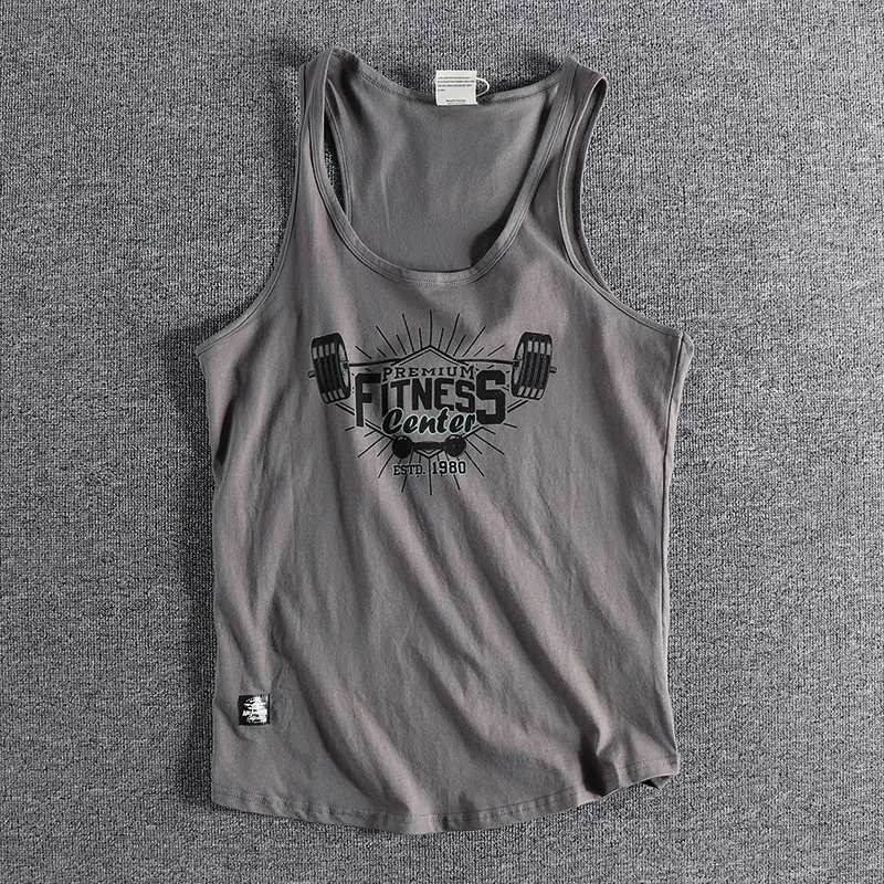 

452 Summer Men Fitness Gyms vest Sleeveless Muscle Men Waistcoat Cotton Breathable Barbell Printing Undershirt Sport Tank Tops