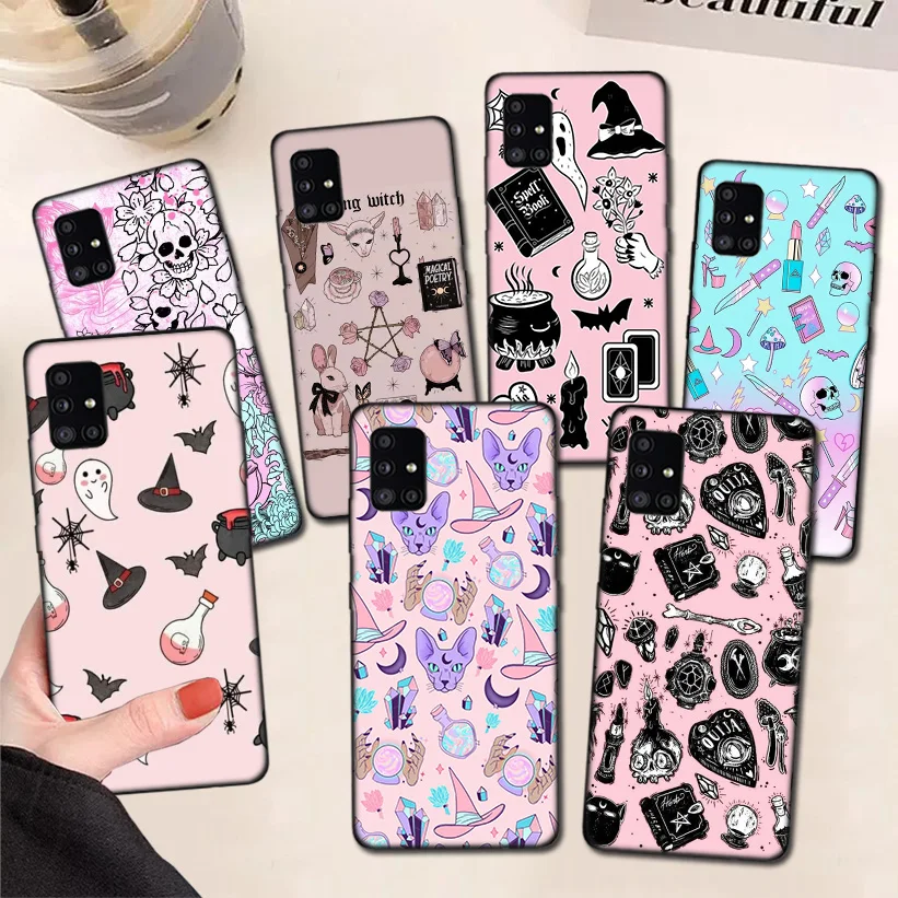 

Pink Cat Skull Witch Phone Case For Samsung Galaxy A51 A71 A50 A70 A81 A91 A30 A40 A20E A10S A6 A7 A8 A9 Back Cover Coque Funda