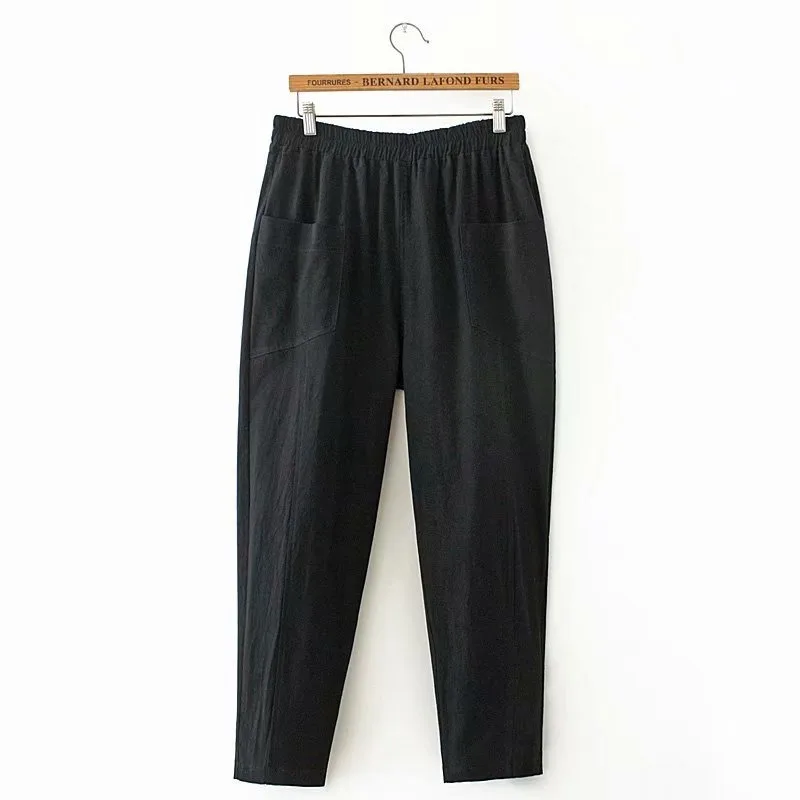 

Plus Size 2XL-4XL Cotton&Linen Women Long Pants Loose Solid Harem Streetwear Vintage Trousers with Pockets