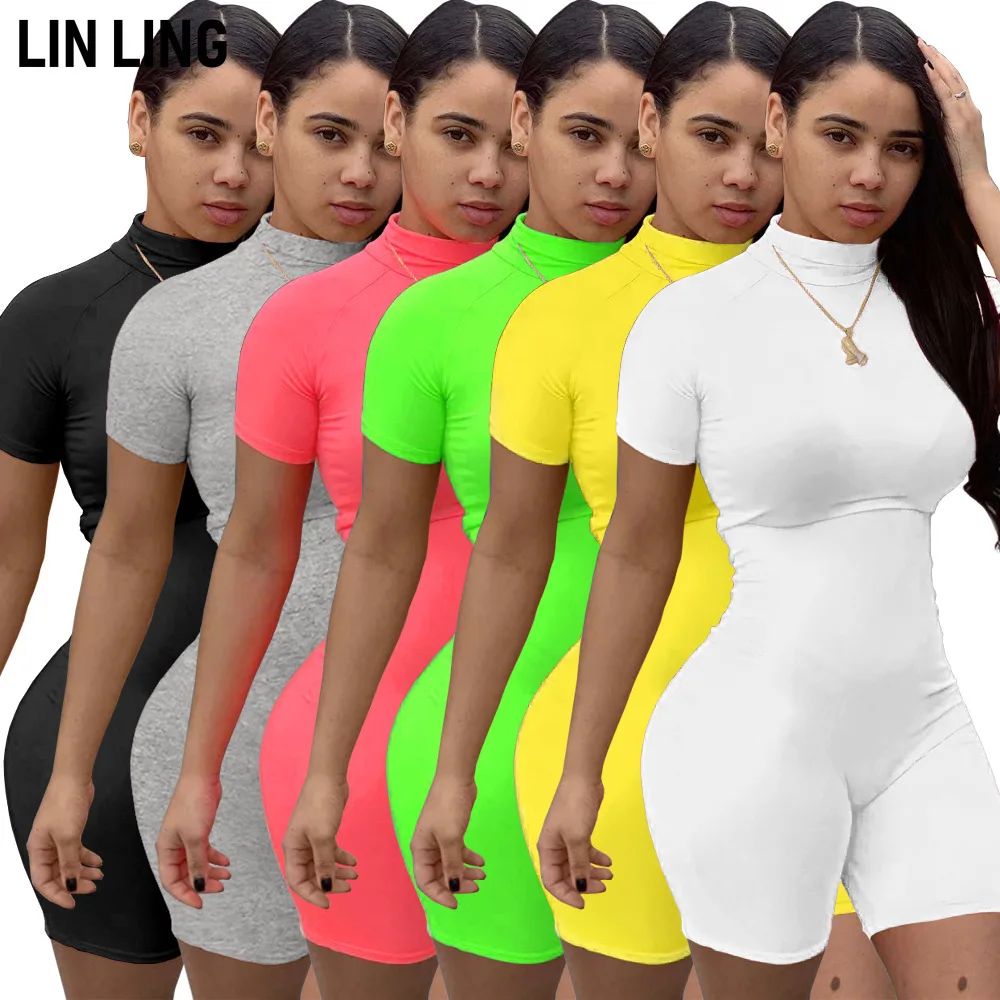 

LINLING Solid Bodycon Zipper Half High Neck Fitness Pants Jumpsuit Party Sexy Tight Club Short Sleeve Summer Jumpsuit