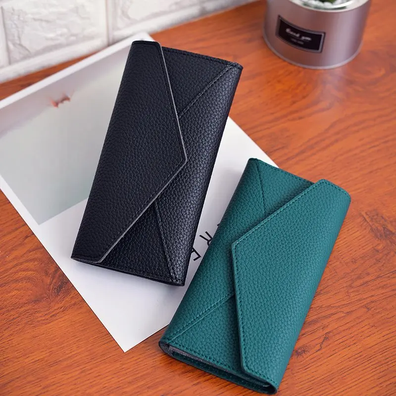 

Women's Wallet Long Tri-fold Hasp Envelope Solid Color Coin Purses Female Pu Leather Multiple-card Holder Clutch Bag Money Clip