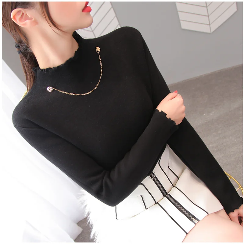 

Autumn Spring Women Sweater New Long Sleeve Bottom Shirt Fashion Half High Neck Casual Female Plus Velvet Pullover Knitted Tops
