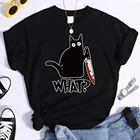 Женская футболка с маленьким черным котом и ножом, женские футболки, футболки в стиле хип-хоп Harajuku, женские модные футболки с коротким рукавом
