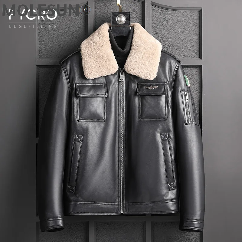 

AKOOSUN Genuine Sheepskin Leather Jacket Men Real Wool Fur Collar Clothes Winter 90% White Duck Down Jackets Ropa Hombre LXR994