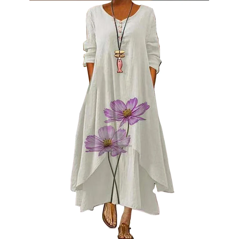 

2021 Floral Print Maxi Dress Women Vintage Long Sleeve Elegant Long Dress O Neck Casual Plus Size Dresses Woman Party