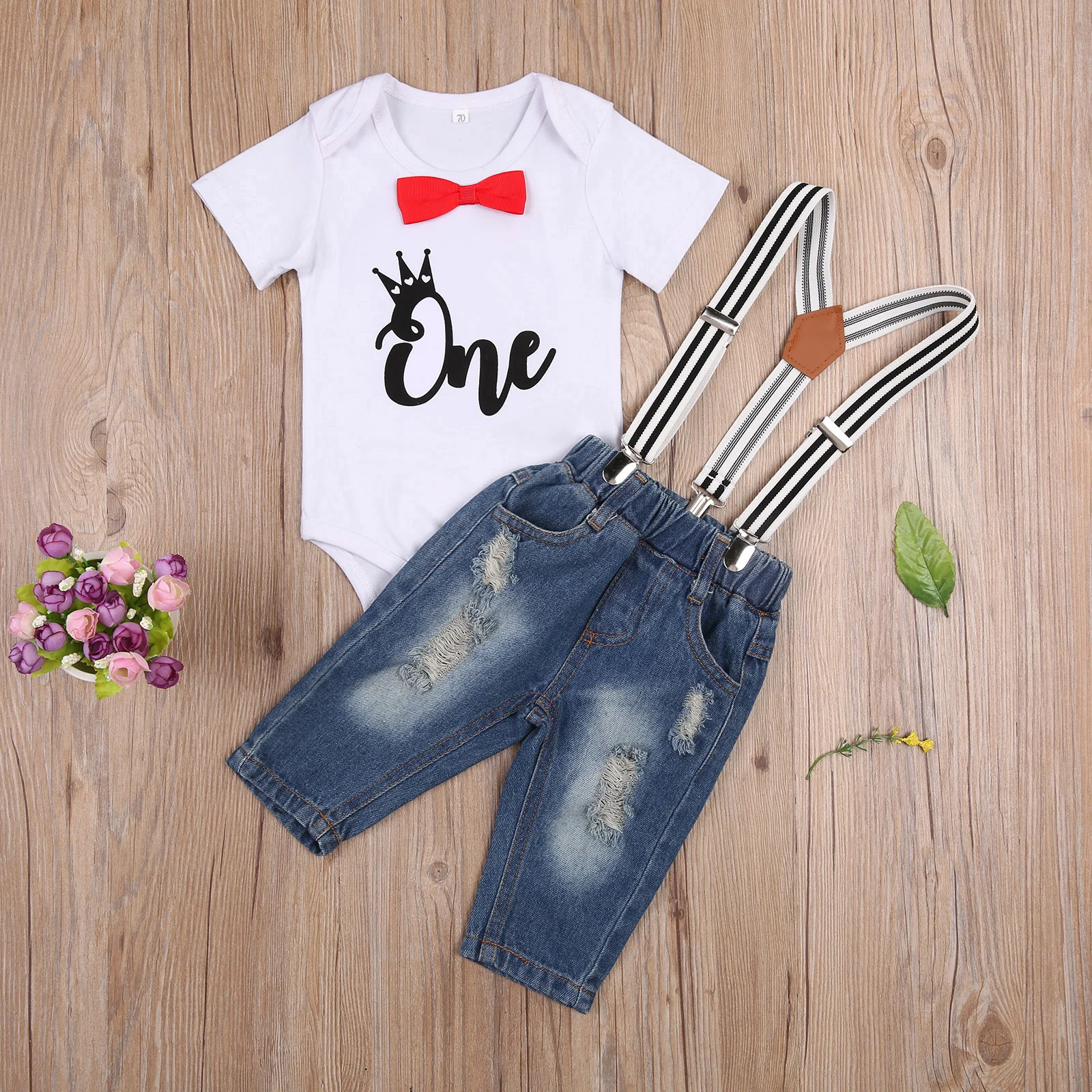 

2021-02-24 Lioraitiin 0-24M Newborn Infant Baby Boys Casual Outfits Cartoon Letter Printed Romper Denim Ripped Suspender Pants