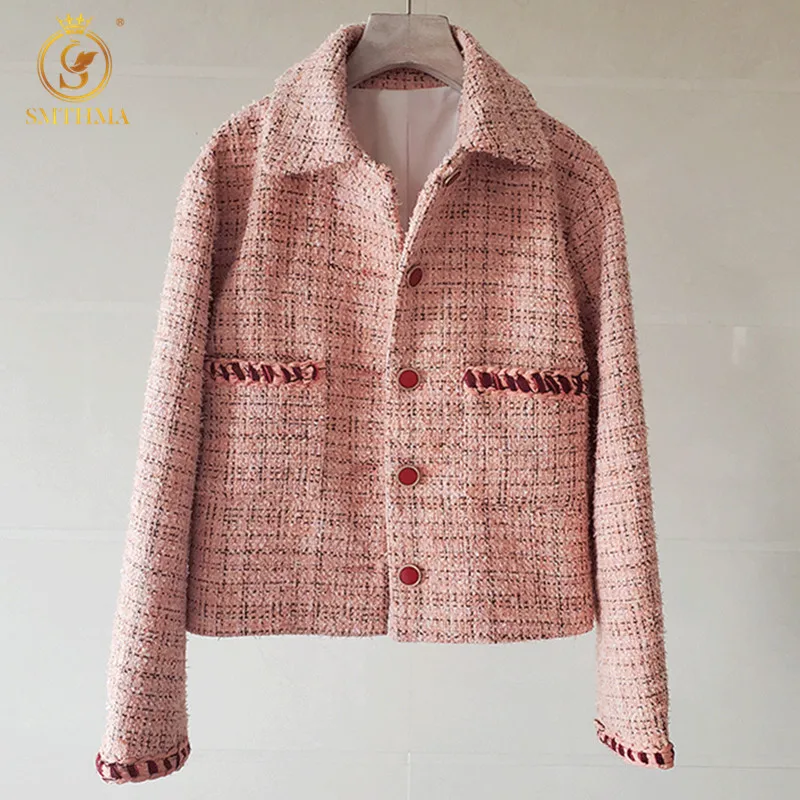 

SMTHMA High Quality 2022 New Autumn Winter Celebrity Pink Short Woolen Coat Ladies Vintage Long Sleeve Plaid Tweed Outwear