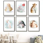 Детская Картина на холсте с изображением жирафа кролика медведя слона ежика, скандинавские постеры и принты, настенные картины для детской комнаты, Декор