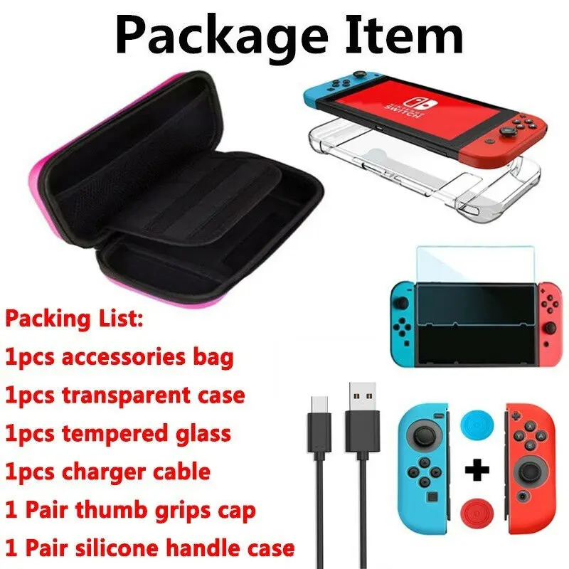 6 in 1 game accessory set Black red blue For Nintend Switch Travel Carrying Bag Screen Protector Case Charging Cable | Электроника