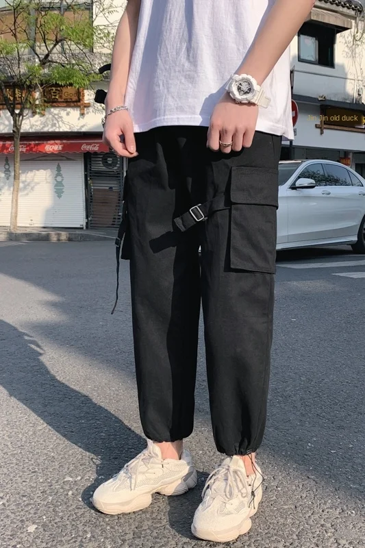 

Tide brand student leg-tied casual pants black ribbon functional pants male Harajuku style loose ins tooling pants male