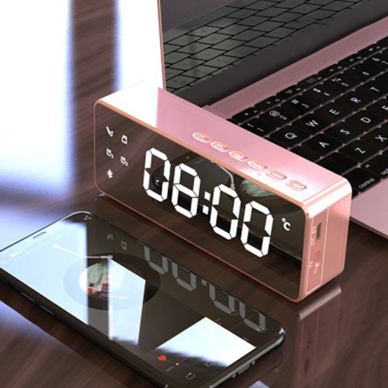 

Wireless Bluetooth Speaker FM Radio Bass Sound Desktop Music Player Support TF Card LED Mirror Alarm Clock