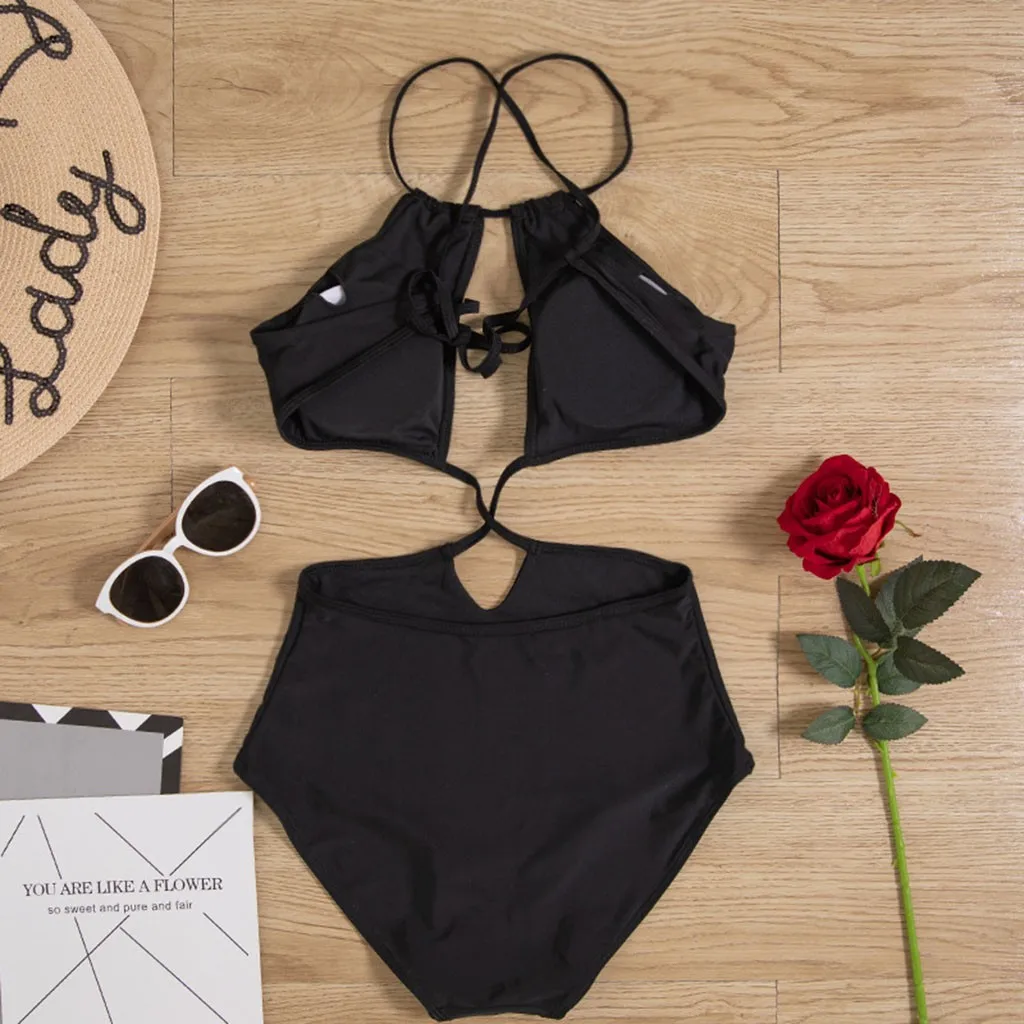 1pc Off-shoulder Top Ruffle +haigh waist Soild black Monokini Swimjupmsuit Irreqular Hollow out Swimsuit Tankini Padded Swimwear |