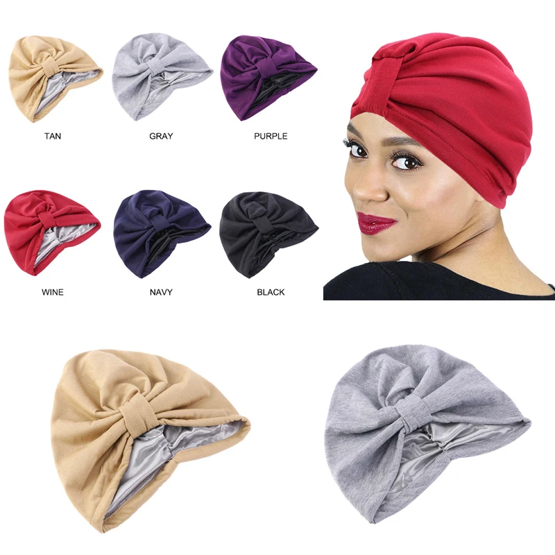

Fashion Ladies Hair Cap For Sleeping Double Layer Lined Headscarf Hat Turban Elastic Satin Haircaring Chemotherapy Bonnet
