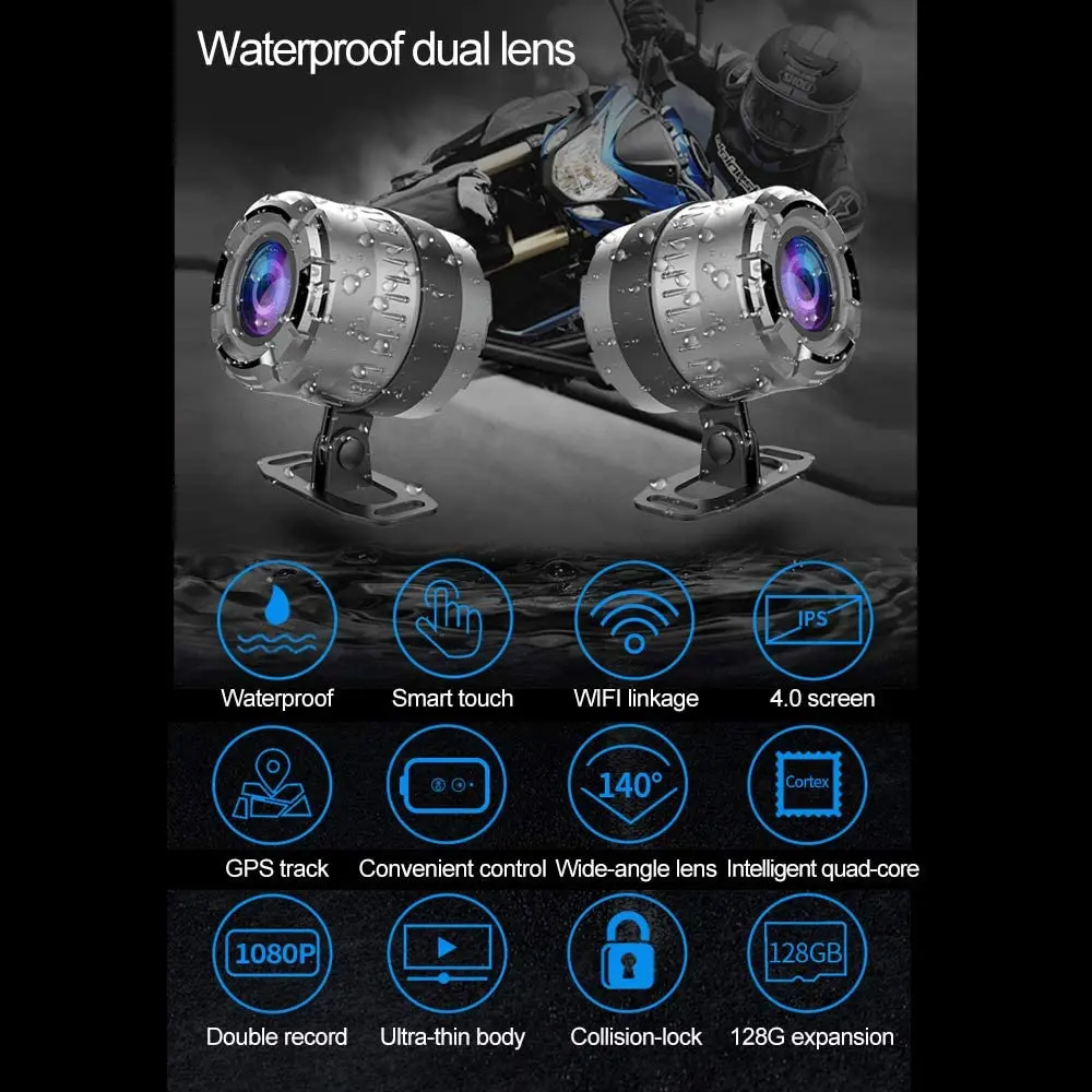 

Motorcycle Drive Recorder Camera 1080P Dual Lens Dash Cam Waterproof Lens, Video Recording 32G with WiFi&GPS, Waterproof