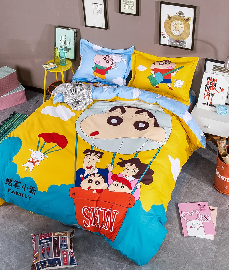 Аниме Crayon Shin-chan Постельное белье детские Качественные хлопковые осенние: пододеяльник, простынь, наволочки для подушек, 3/4 шт. Твин queen Размер
