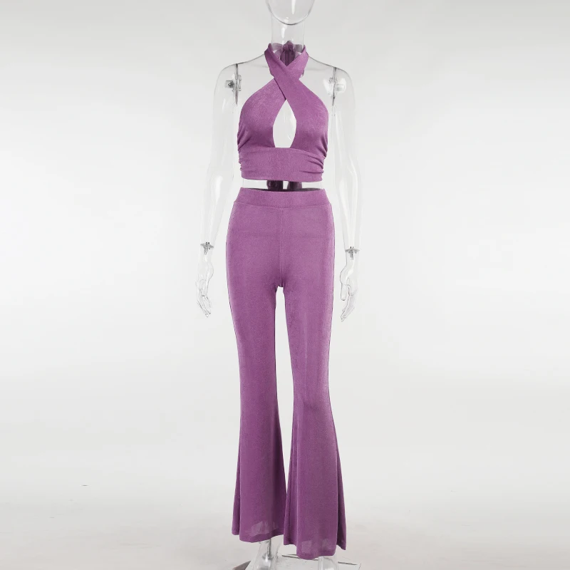 

InstaHot Casual Solid Women Two Piece Flare Pant Set Summer Sexy Halter Cross Tank Top Flare Trouser Matching Set 2021 Outfit