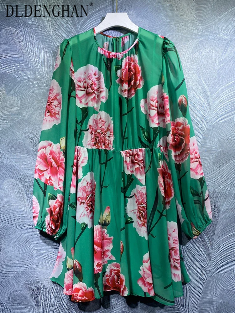 

DLDENGHAN Fashion Designer Summer Chiffon Dress Women O-Neck Lantern Sleeve Flowers Print Vacation Short Dresses