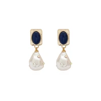 lapis simulated baroque pearl drop earrings for women gold color hanging dangle charms party vintage crystals jewelry accessory