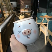 super cute crown pig mug spoon with lid for boys and girls cartoon water cup large capacity coffee tripe cup