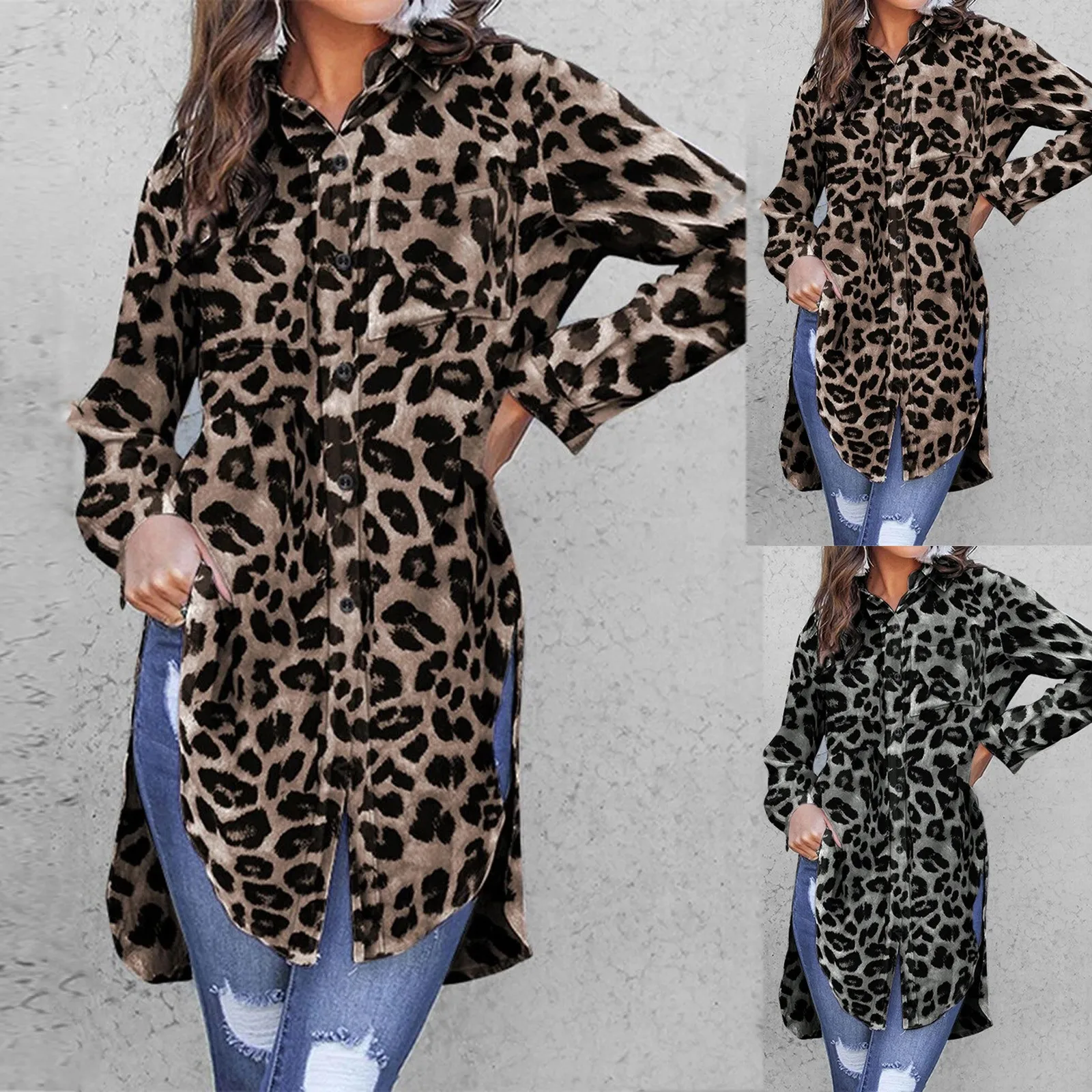 

Женская Длинная блузка на пуговицах, с леопардовым принтом, на осень/зиму