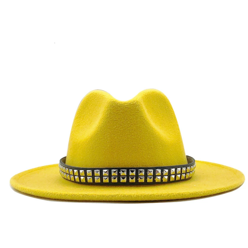 Sombreros de lana de ala ancha para mujer, sombrero de fieltro de Tweed amarillo, Jazz, elegante, de leopardo, invierno, 2020